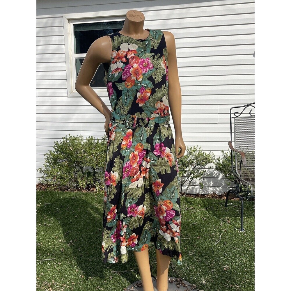 Vintage Caliche Floral Multicolor Midi Dress Belt Pockets 14 Needs Repair 90s